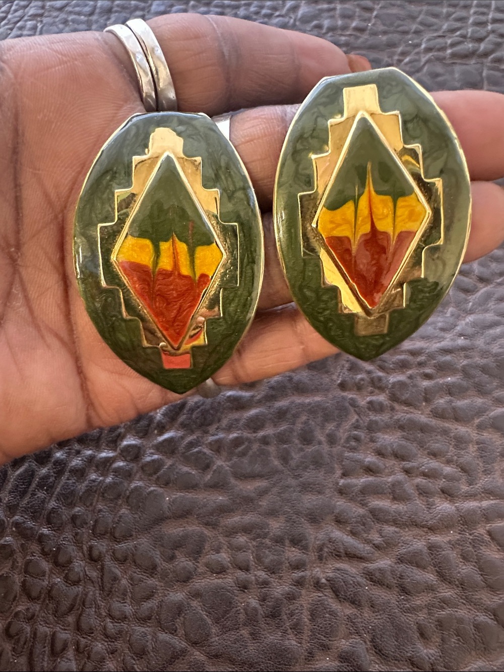 Vintage Enamel Geometric pierced Earrings in Green, Yellow, Rust Red